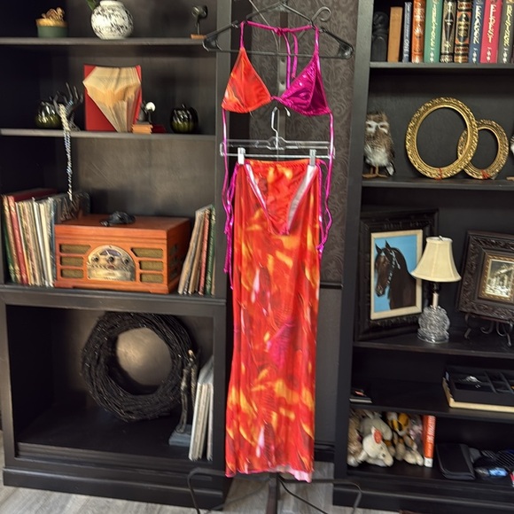 Pink and Orange Bikini Set with Skirt - Picture 3 of 17